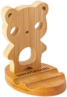 Simplesun Cute Cell Phone Holder Accessories Office Supplies for Desk, Bamboo Wood Cell Phone Stand Desktop for All Mobile Phones, iPhone 11 12 XS Max XR, Android Smartphone, iPad, Tablet (Bear)