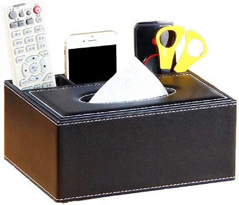 Eonyea Rectangular Tissue Box Cover, ultifunction PU Leather Pen Pencil Remote Control Tissue Box Cover Holder Desk Storage Box Container for Home and Office Use (Black)