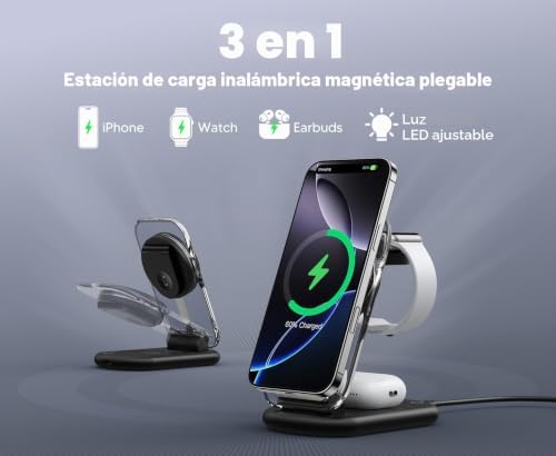 Estación de Carga inductiva, estación de Carga MagSafe 3 en 1 Compatible con iPhone 17 16 15 14 13 12 Pro MAX/Air/Plus/Pro, para Apple Watch 10/9, AirPods 3/2/Pro, Plegable, Negro carbón