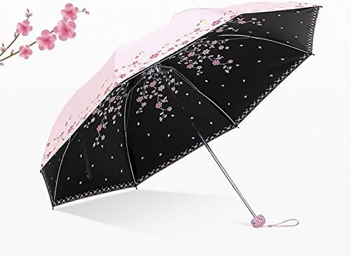 LFSMARKET Compact Sun & Rain Travel Umbrella Anti-UV Lightweight Portable Parasol Sunshade UV Protected Triple Folding Windproof Shiny Umbrellas for Women Girls Both Sides Flowers Printing Pink