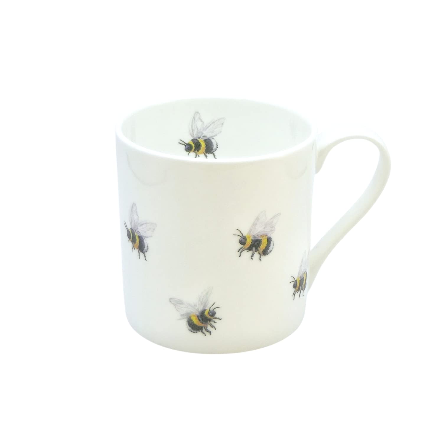 ROCK THE HOME Bees Straight Sided Mug – White Fine English Bone China Cup, Made and Hand Decorated in England, Dishwasher and Microwave Safe, for Coffee Tea Latte Americano (10 fl oz, 295 ml)