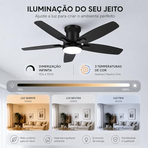 Ventilador de Teto de Embutir com Luz 42 Polegadas, Controle Remoto, Motor Reversível, 6 Velocidades, LED Dimerizável, Silencioso para Quarto e Sala
