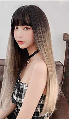 TEEMI-Two Tone Straight Highlights Cosplay Brown Mixed Purple Milk Tea Wigs (Milk Tea)