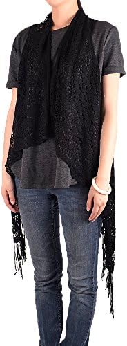 Women's Sleeveless Floral Lace Vest Cardigan Kimono Open Front Long Fringe (Black)