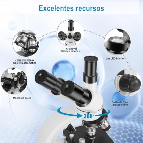 Microscopio, Microscópio, Microscopio Profissional 5000X, Kit de Eletrônico Trinocular Profissional, 5000X, Biológico, Com 2X, 10X, 25X