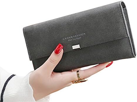 Womens Soft PU Leather Long Wallet Large Capacity Elegant Card Holder Change Organized Coin Pouch Travel Purse (Grey)