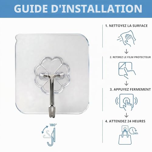 WOVU 10 Pcs Clear Adhesive Hooks No Drilling Strong 15kg Max Waterproof Water/Oil Waterproof Bathroom Kitchen Towel Coat Keys Multipurpose