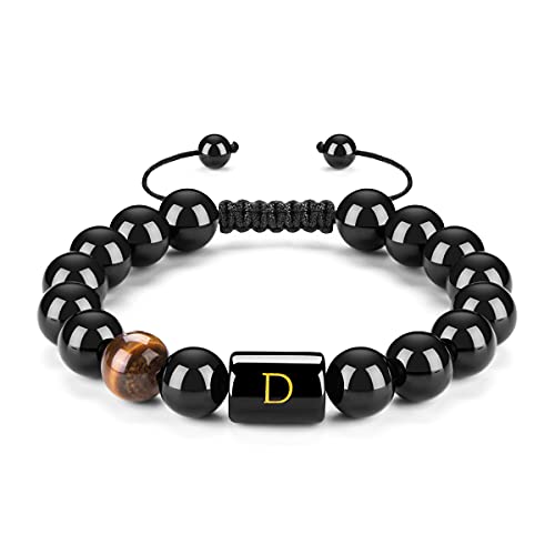 FRG Initials Bracelets for Men Letter Link Handmade Natural Black Onyx Tiger Eye Stone Beads Braided Rope Meaningful Bracelet