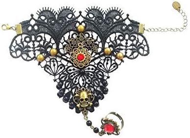 Gothic Lolita Retro Steampunk Gear Lace Slave Bracelet Wristband Black Flower Ring