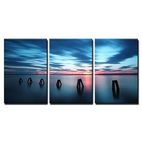 3 Piece Canvas Wall Art - Ocean Sunset - Modern Home Art Stretched and Framed Ready to Hang - 16"x24"x3 Panels