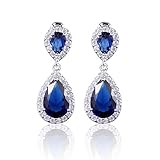 GULICX Teardrop Silver Gold Base Sapphire Color Cubic Zirconia Clear Crystal CZ Dangle Drop Earrings Blue