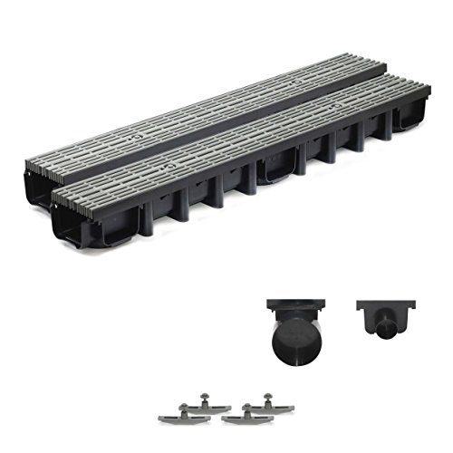 2m Entwässerungsrinne für modulares System A15 98mm, komplett Stegrost Kunststoff, Grau Line