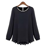 QZUnique Women's Plus Black Round Neck Popover Blouse with Blouson Sleeves
