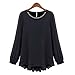 QZUnique Women's Plus Black Round Neck Popover Blouse with Blouson Sleeves