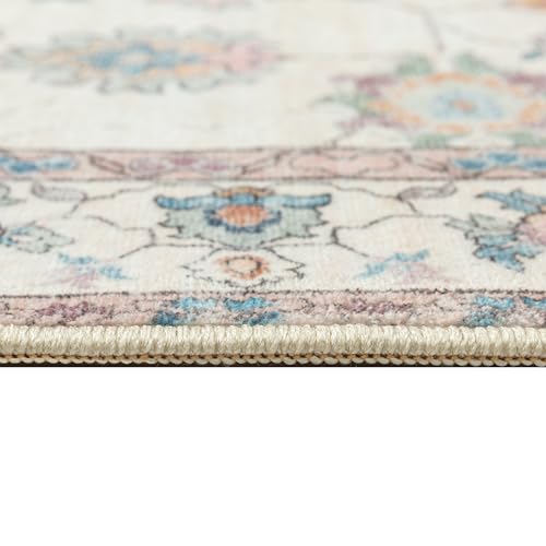 PureCozy Rugs Living Room 200x300cm Beige Washable Non Slip Large Vintage Area Bedroom Rug Bedside Nursery Lounge Office Playroom Indoor Big Carpet Low Pile Carpets Retro