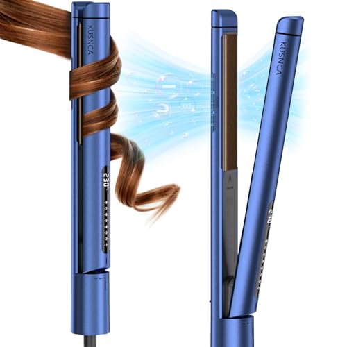 KUSNCA Ion Hair Straighteners, 2 in 1 Straightener and Curler,Anti-frizz and Shine Effect，Front Anti-Scald Design, Floating Ceramic Plates, 8 Settings 110°C-230°C Blue