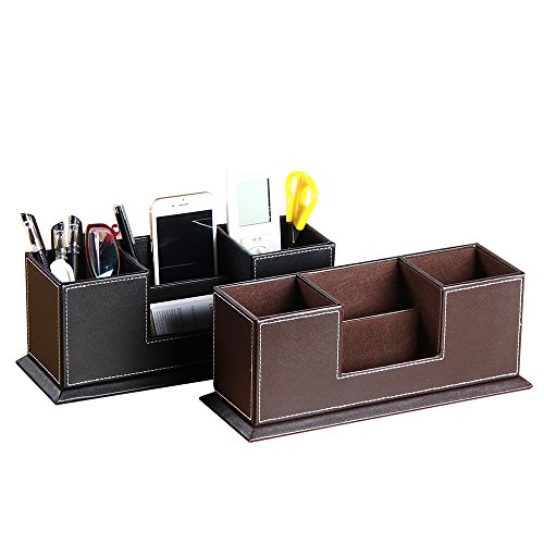 PU Leather Multi-function Desk Stationery Organizer Storage Box Pen Pencil Holder Business Cards Stand Mobile Phone/Remote Control Holder Office Supplies Holder Collection Desktop Organizer(Black) - Thumbnail 5
