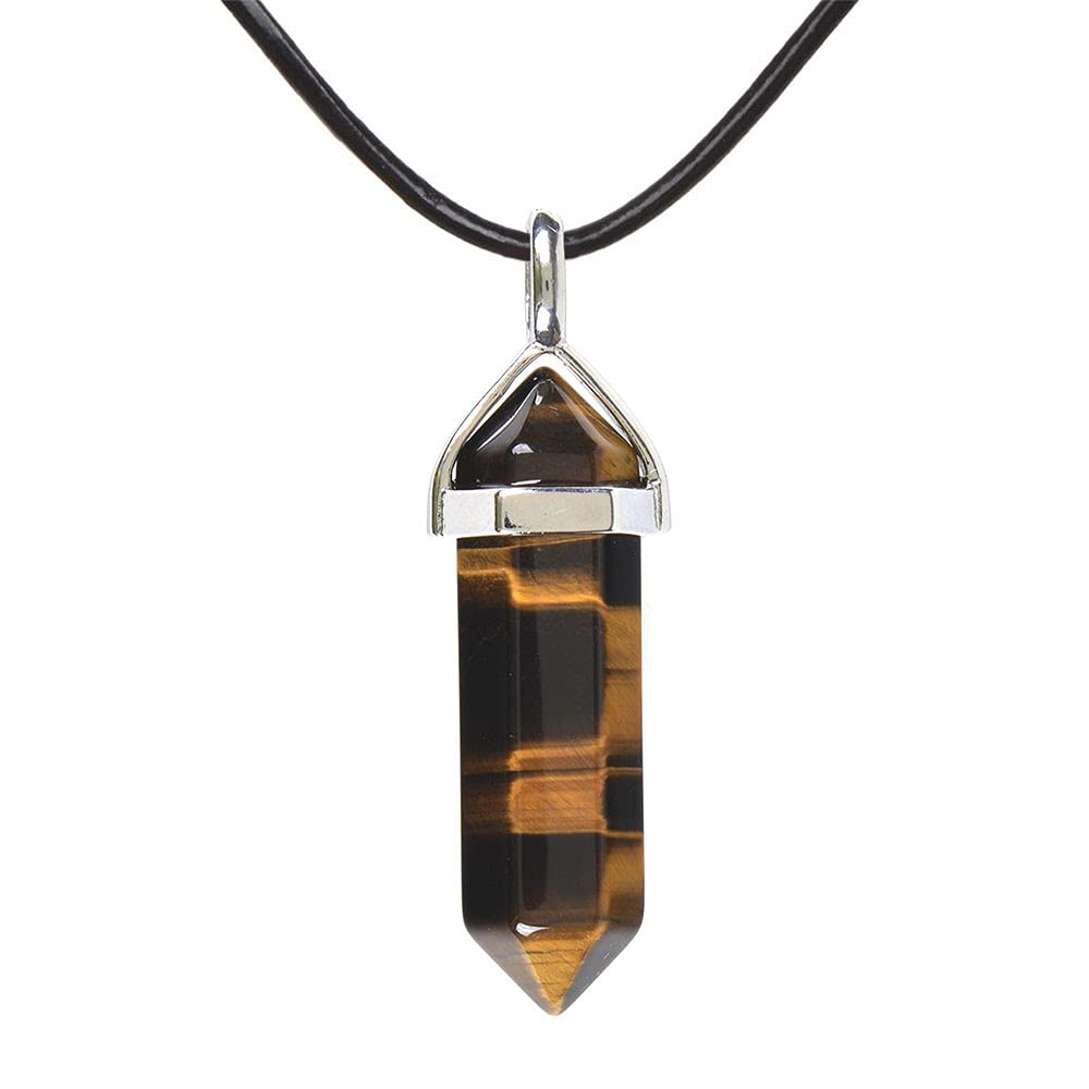Natural Golden Tiger Eye Gemstone Hexagonal Pointed Reiki Chakra Pendant Genuine Leather Necklace 18" — image 1