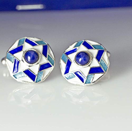 Star of David Cuff-Links Blue on White w Blue Star Sapphire Judaica Jewelry for Men Sterling Silver Enamel Magen David Large Cufflinks Bar Mitzvah Gift