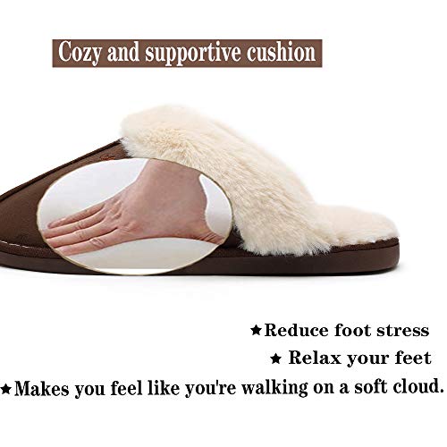 SOSUSHOE Women Slippers Fluffy Fur Slip On House Slippers Soft and Warm House Shoes for Indoor Outdoor, Deep Brown, 9.5-10.5