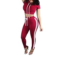 Pink Queen Women Red 2pc Sport Set Summer Casual Workout Tracksuit, Wine Red, Medium