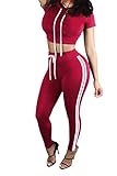 Pink Queen Women Red 2pc Sport Set Summer Casual Workout Tracksuit, Wine Red, Medium