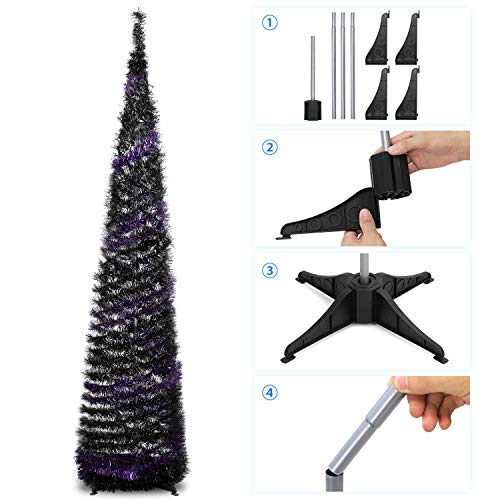 MACTING 5ft Pop up Christmas Tinsel Tree with Stand Easy-Assembly Tinsel Coastal Glittery Halloween Christmas Tree for Holiday Xmas Decorations (Purple-Black)