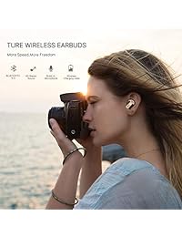 Auriculares inalámbricos Bluetooth 5.0 con auriculares inalámbricos Bluetooth con graves profundos HiFi 3D sonido estéreo, auriculares con micrófono integrado con funda de carga portátil para Smartphones y Loptops,Oro