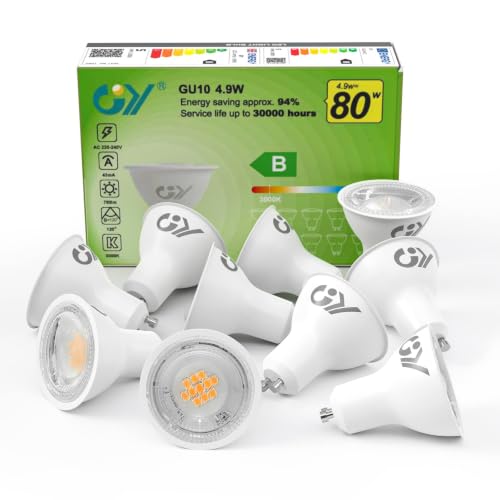 GY GU10 LED Bulb 4.9W 780lm Warm White 3000K Energy Saving LED Bulb,The New UK Energy Efficiency Class B Replaces 80W, 110°Beam Angle Non-Dimmable, 10 Pack