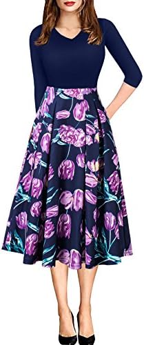 Women Vintage Casual Swing 3/4 Sleeve Patchwork Floral Midi Dress with Pockets for Work