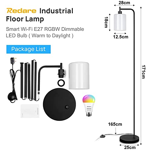 Redare Industrial Floor Lamp,Smart LED Floor Lamp with White Jade Glass Shade,Smart WiFi E27 RGBW Dimmable Bulb(Warm to Daylight), APP Control,Metal Standing Lamp for Living Room Bedroom Home Office