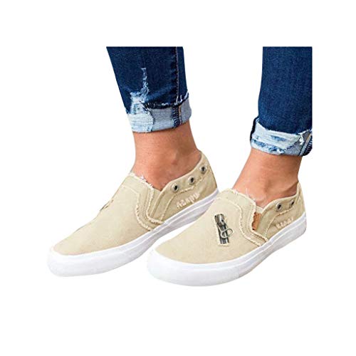 Dressin Womens Canvas Shoes Fashion Flat Sports Running Shoes Summer Zipper Beach Shoes Casual Travel Shoes Beige