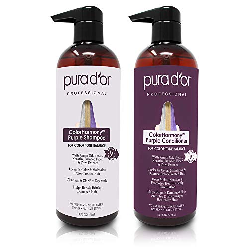 PURA D'OR Purple Shampoo & Conditioner (16oz x 2) ColorHarmony Biotin Set For Bleached, Blonde, Silver & Color Treated Hair - Keratin, Bamboo Fiber, No Sulfates, Natural Ingredients - Men & Women - Thumbnail 7
