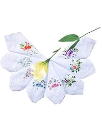 LACS Womens Embroidered Floral Cotton Lace Handkerchiefs White Hankies Pack