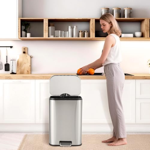 12L Stainless Steel Trash Can for Kitchen, Office, Bathroom – Rectangular, Soft-Close Lid, Foot Pedal, Removable Bucket, Fingerprint-Proof, Space-Saving,Silver