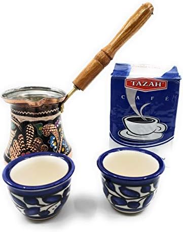 Hand Painted Copper Turkish Coffee Warmer Set with 2 Jerusalem Pottery Cups & 200 gm Tazah Coffee (Gawa No Handle Cups)