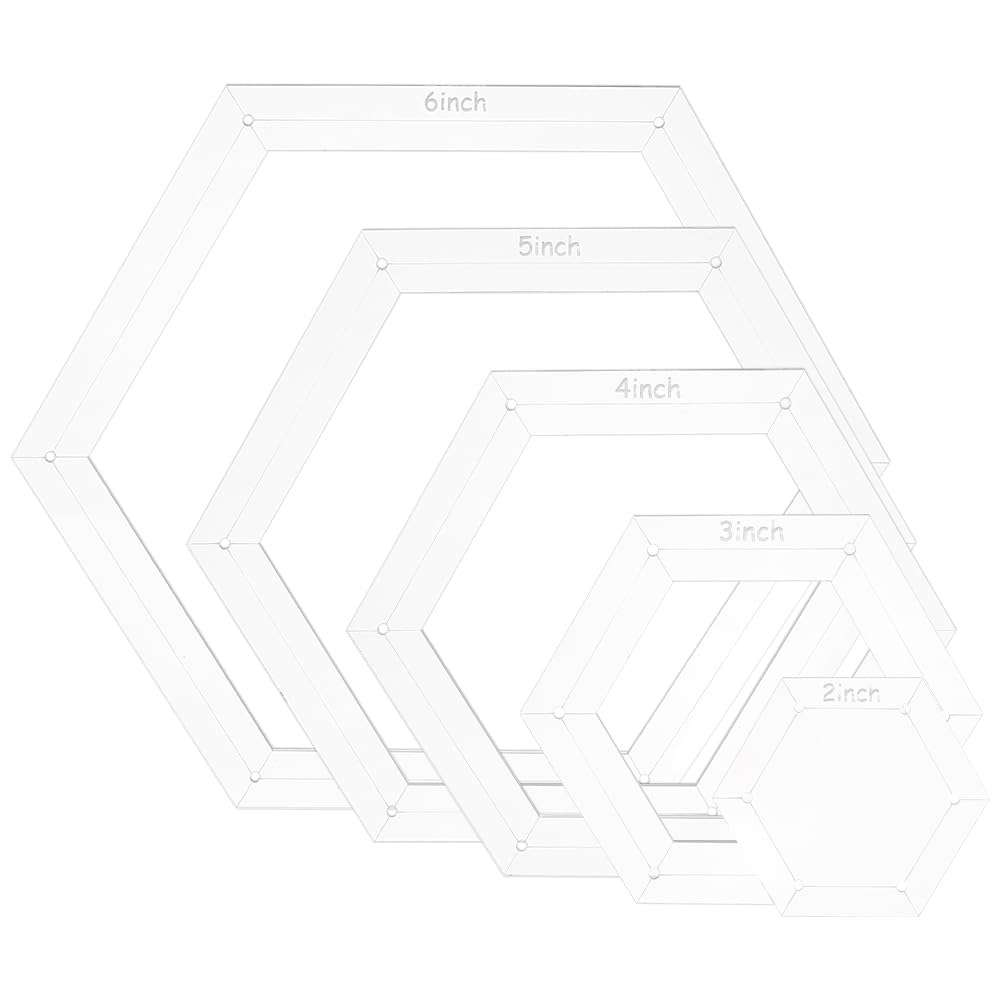 BENECREAT 5 Sizes Hexagon Quilting Template, Acrylic Intricate Sewing Machine Ruler with 3.5mm Seam Allowance for DIY Hand Patchwork Cutting Craft, 5Pcs
