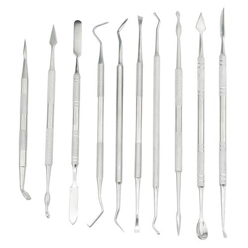 TOVOT 10-Piece Stainless Steel Double-Sided Wax Carvers Set Tools Clay Pottery Sculpture Tools Dental Instrument Kits (Silver-2)