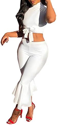 Kaximil Women's Solid Color T-Shirt Lace Up Crop Top + Long Pants Sexy Jumpsuits 2 Pieces Outfits Rompers