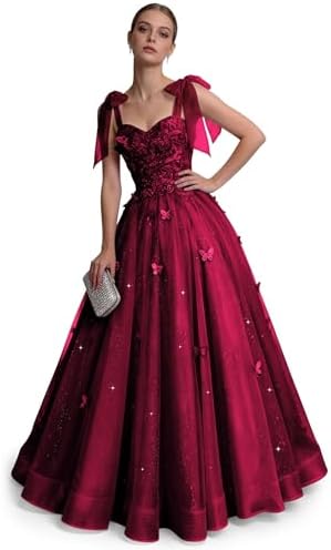 red butterfly prom dress Burgundy Butterfly Lace Applique Prom Dresses with Pockets Spaghetti Strap 24365 Custom Colors / 22W