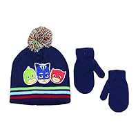 Elegant Headwear Toddler Boy Beanie Hat With Mittens Winter Accessory Set, PJ Masks Navy