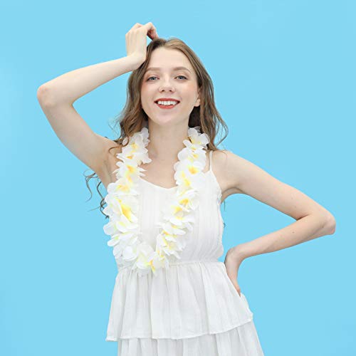 Pack of 4 Hawaiian Leis Necklace Tropical Luau Hawaii Wreaths Silk Flower Lei Thickened Dance Garland Flower Leis for Party Favor Hula Hawaiian Party Supplies (White, 4)