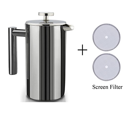 Double Wall Stainless Steel French Coffee Press with 2 extra Screen Filters, 1 Liter/34 oz Coffee Maker