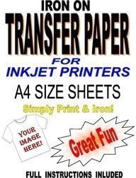 Inkjet Printable Iron On T Shirt & Fabric Transfer Paper for Light Fabrics 50 A4 Sheets, White