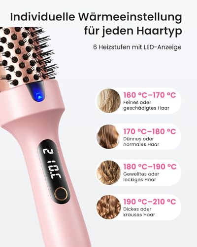 Haokoo Thermal Brush - Thermal Brush 38 mm for Salon Styling in 8 Mins, Ionic Curling Brush Reduces Frizz by 70%, 6 Temperature Levels Suitable for All Hair Types, Double Tension for Travel, Home
