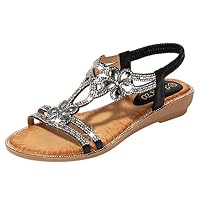 Mozziee Sandals for Women,Bohemia Summer Ladies Bling Flower Crystal Flat Sandals Shoes for Women Flats Comfortable Black