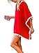 Women's Pom Pom Trim Kaftan Chiffon Swimwear Bathing Suit Beach Cover Up Free Size Red