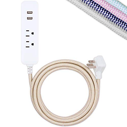 Cordinate Designer USB Charging Station Extension Cord, Power Strip Surge Protector, 2 Outlets, 2 USB Ports, Extra Long 10 ft Cable with Flat Plug, Braided Cord, 2.4A Fast Charge, Tan/White, 41883