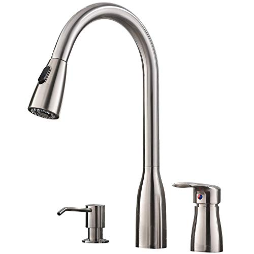 Hotis 3 Hole Pull Out Prep Sprayer Stainless Steel Single Handle Pull Down Kitchen Faucet,Sink Faucet Brushed Nickel Kitchen with Soap Dispenser - Thumbnail 6