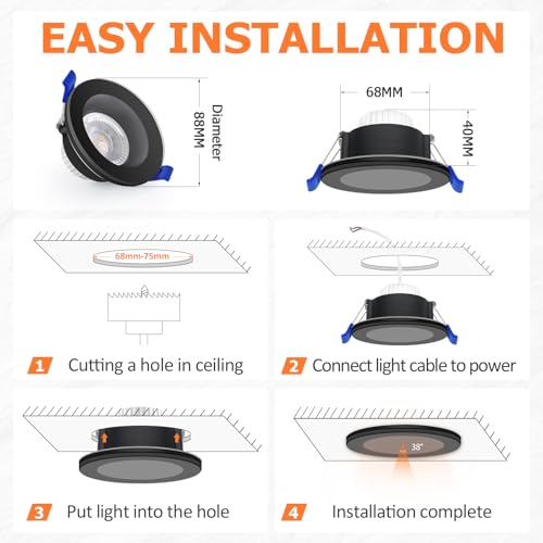 KYOTECH LED Recessed Spotlight 230 V 5 W IP65, Recessed Spotlight 68-75 mm, Extra Flat Bathroom Spotlight 3000K Warm White 3000K, Ceiling Spotlights for Bathrooms, Living Rooms, Kitchen, Hallway, Round Black Pack of 6